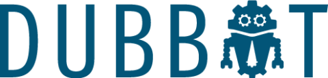 The DubBot logo in dark blue, with the uppercase O replaced by the DubBot mascot, Dubby, a small, cute robot with large, round eyes and a necktie.