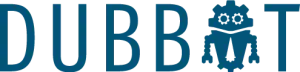 The DubBot logo in dark blue, with the uppercase O replaced by the DubBot mascot, Dubby, a small, cute robot with large, round eyes and a necktie.